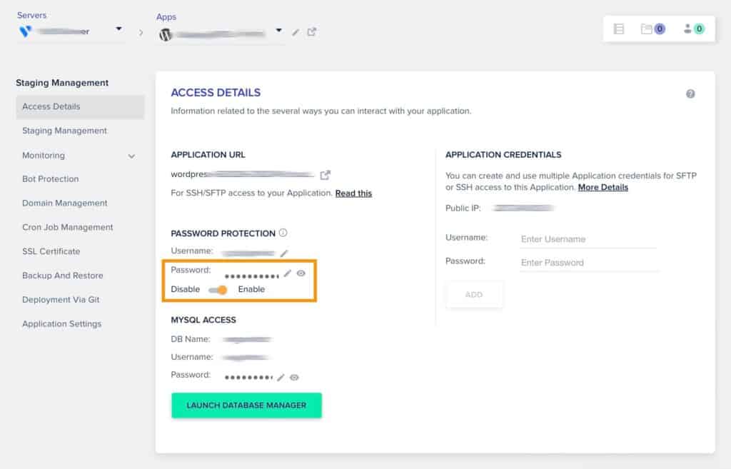 Cloudways Access Details - Showing Staging password set to Enabled